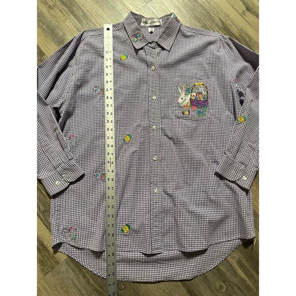 Vtg Casey Coleman Blouse Easter Embroidered Bunnies Purple Shirt Size M/L READ - Picture 3 of 8